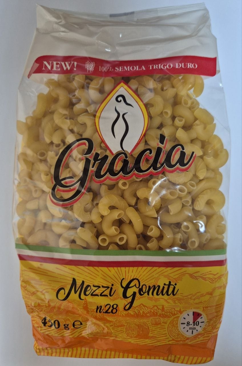 Макаронні вироби ТМ "Gracia" Ріжки кручені, група А, клас "Екстра", з твердих сотрів пшениці згідно ДСТУ 7043, вагою 450 грамів